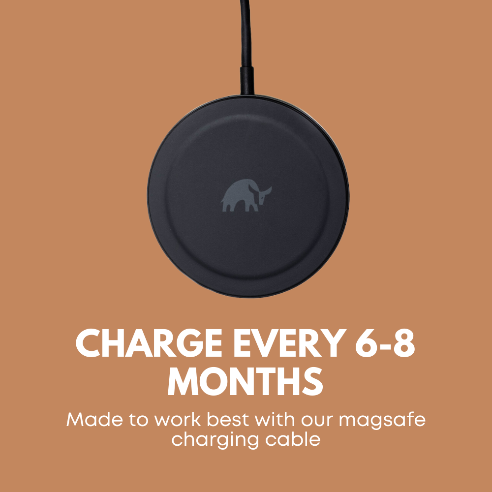 Wireless MagSafe charging pad; CHARGE EVERY 6-8 MONTHS. Made to work best with our magsafe charging cable