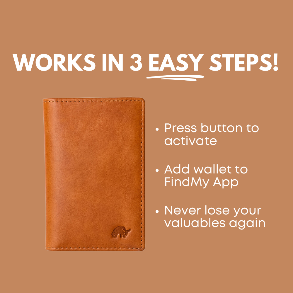 WORKS IN 3 EASY STEPS! Press button to activate Add wallet to FindMy App Never lose your valuables again