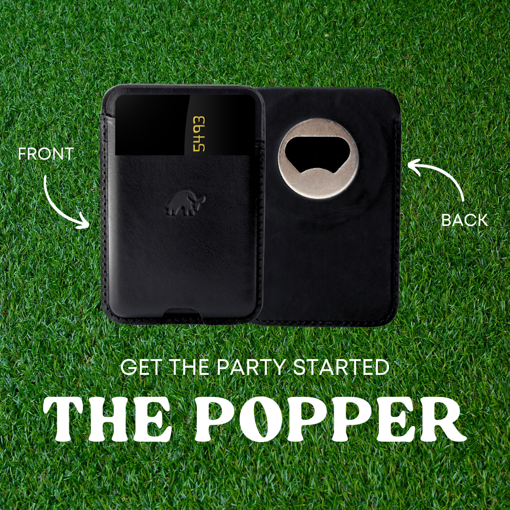 Black Magnetic Popper wallet showing FRONT and BACK; words on image: GET THE PARTY STARTED; THE POPPER