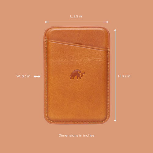 Leather Magnetic Wallet in Sienna color with dimensions L: 2.5 in, W: 0.3 in, H: 3.7 in and an embossed bull logo