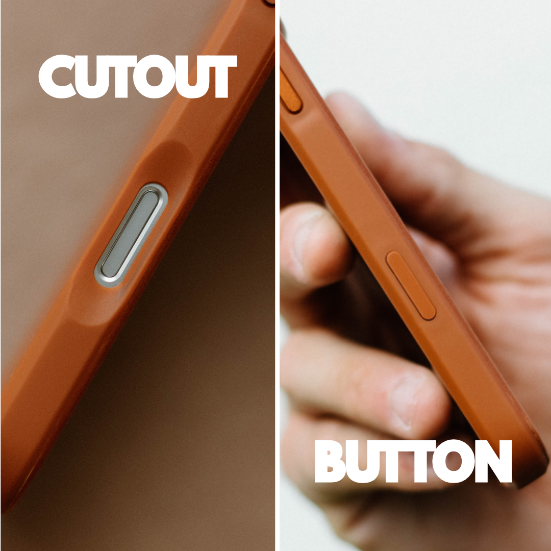 Sienna phone case close-up showing side button and cutout; overlaid text 'CUTOUT' and 'BUTTON'.