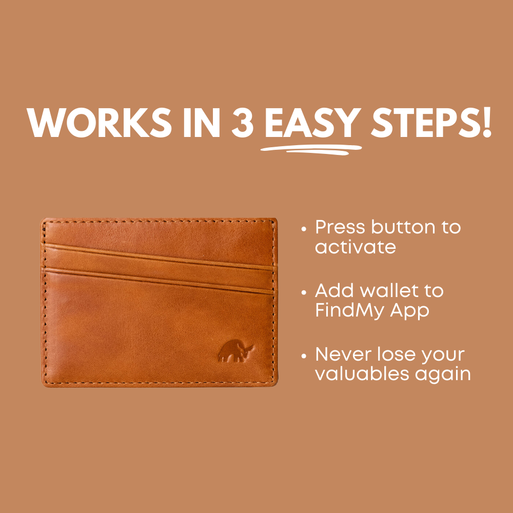 WORKS IN 3 EASY STEPS! Press button to activate. Add wallet to FindMy App. Never lose your valuables again