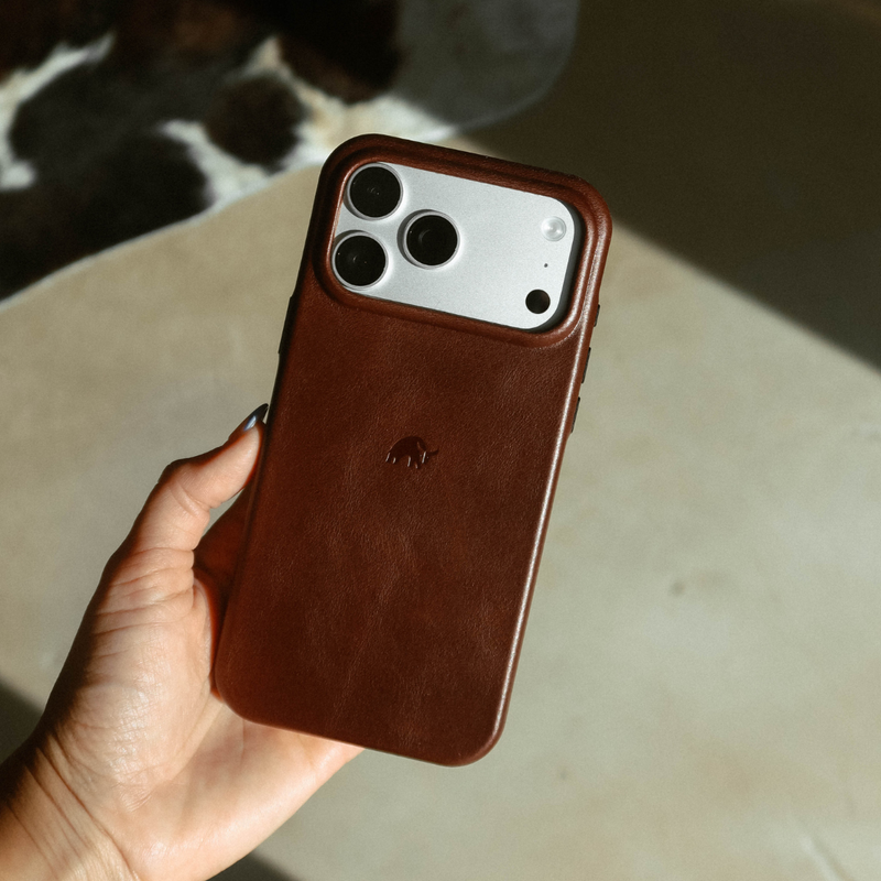 Rear view of Contemporary Plateau iPhone case in Terra brown full-grain leather showcasing raised camera plateau and embossed logo against a sunlit beige surface