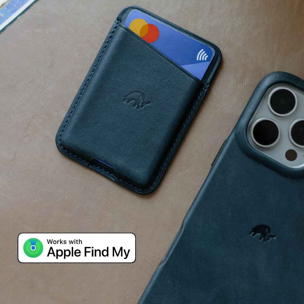 MagSafe leather card wallet and matching phone case; badge reads 'Works with Apple Find My'.
