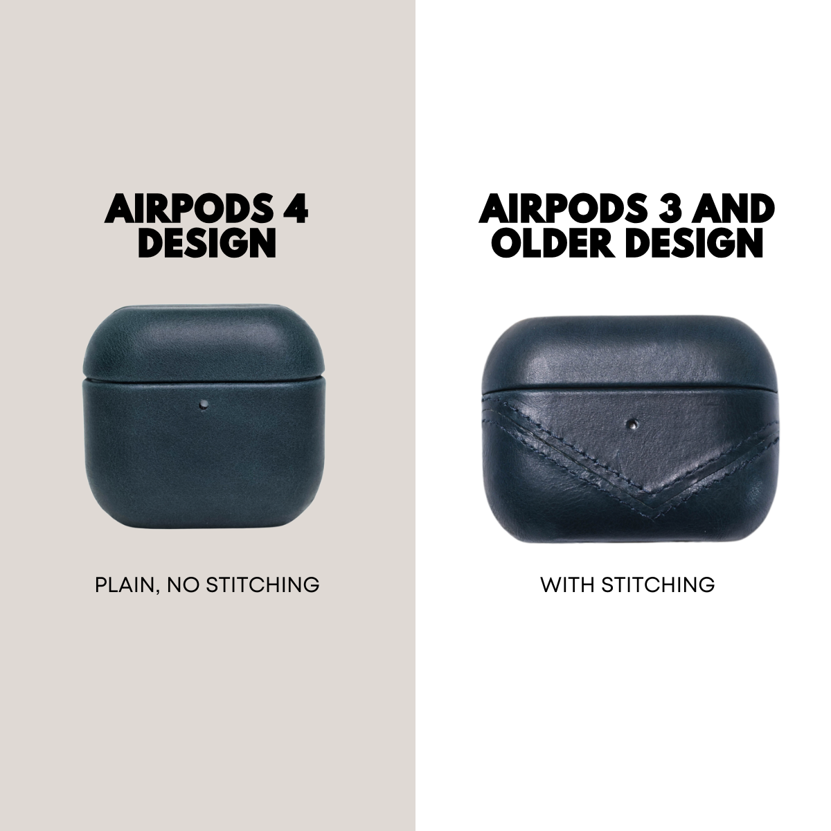 Comparison of AirPods 4 design (plain, no stitching) and AirPods 3 and older design (with stitching)