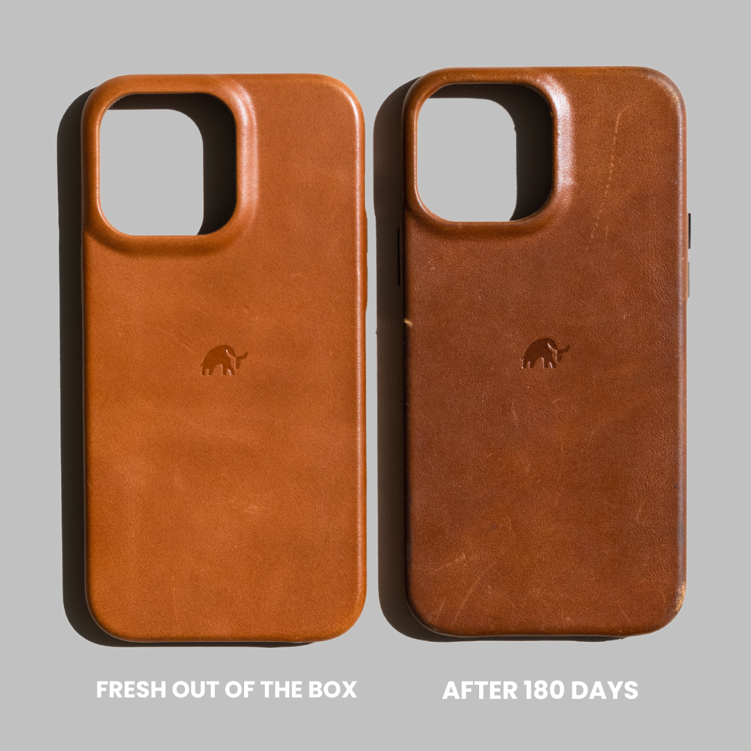 Comparison of the Flex Case - SIENNA, fresh out of the box vs. after 180 days of use.
