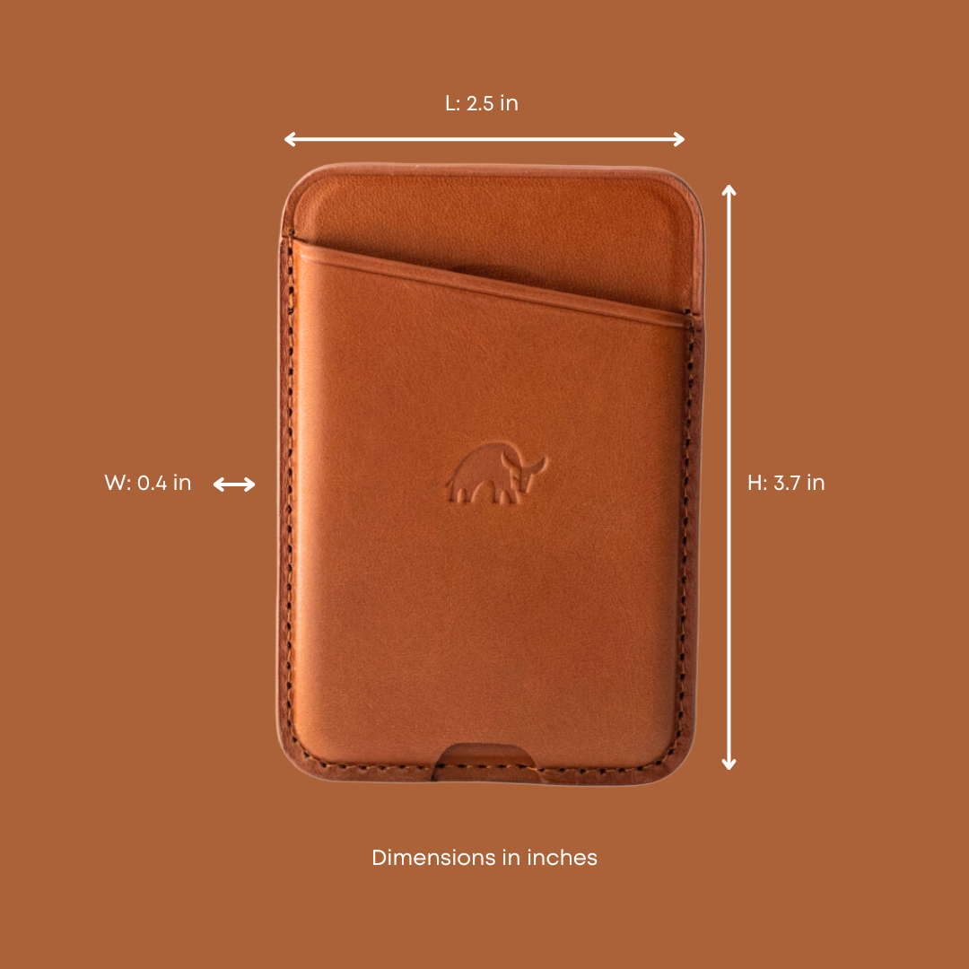 Sienna magnetic popper leather wallet with embossed elephant logo, L: 2.5 in; W: 0.4 in; H: 3.7 in; Dimensions in inches