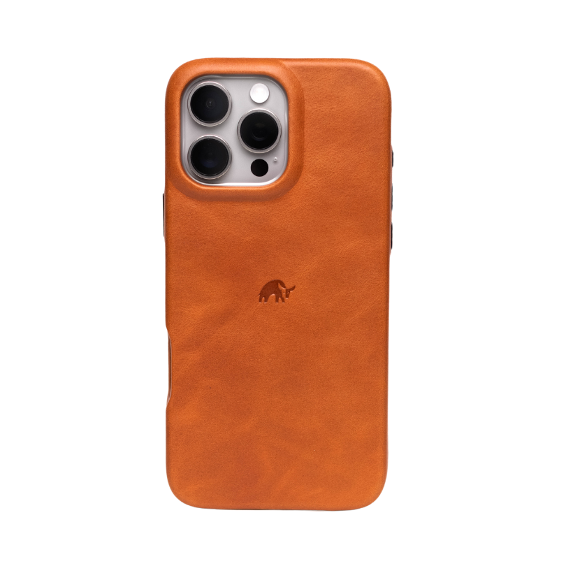 Orange leather iPhone case with embossed bull logo and camera cutout