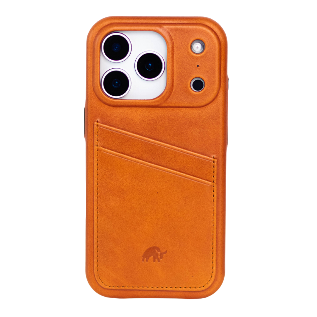 Sienna leather iPhone case with two diagonal card slots and Bullstrap logo, camera cutout visible