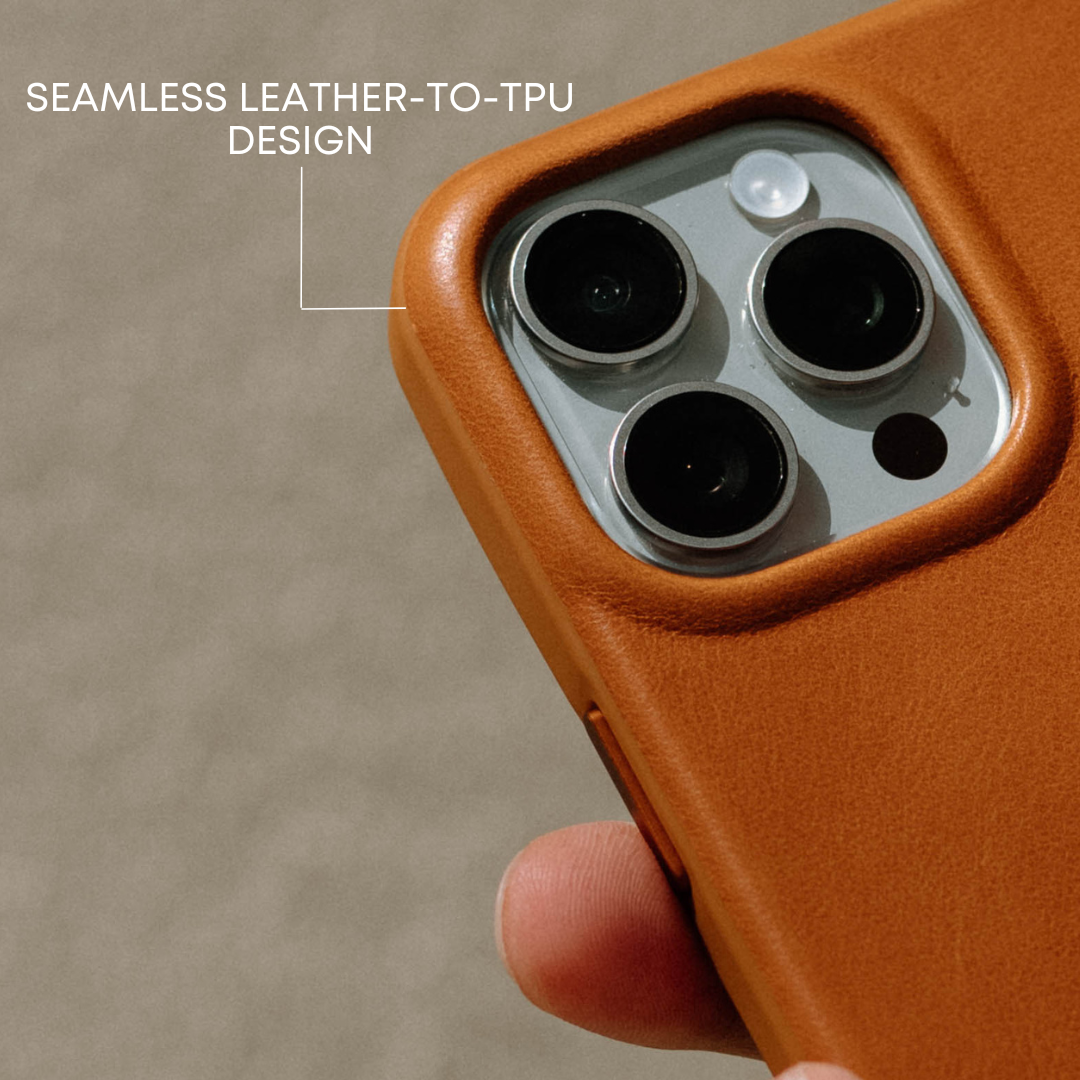 Close-up of The Flex Case in SIENNA color, showing seamless leather-to-TPU design with camera cutout.