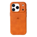 Orange phone case with a brand logo on a white background