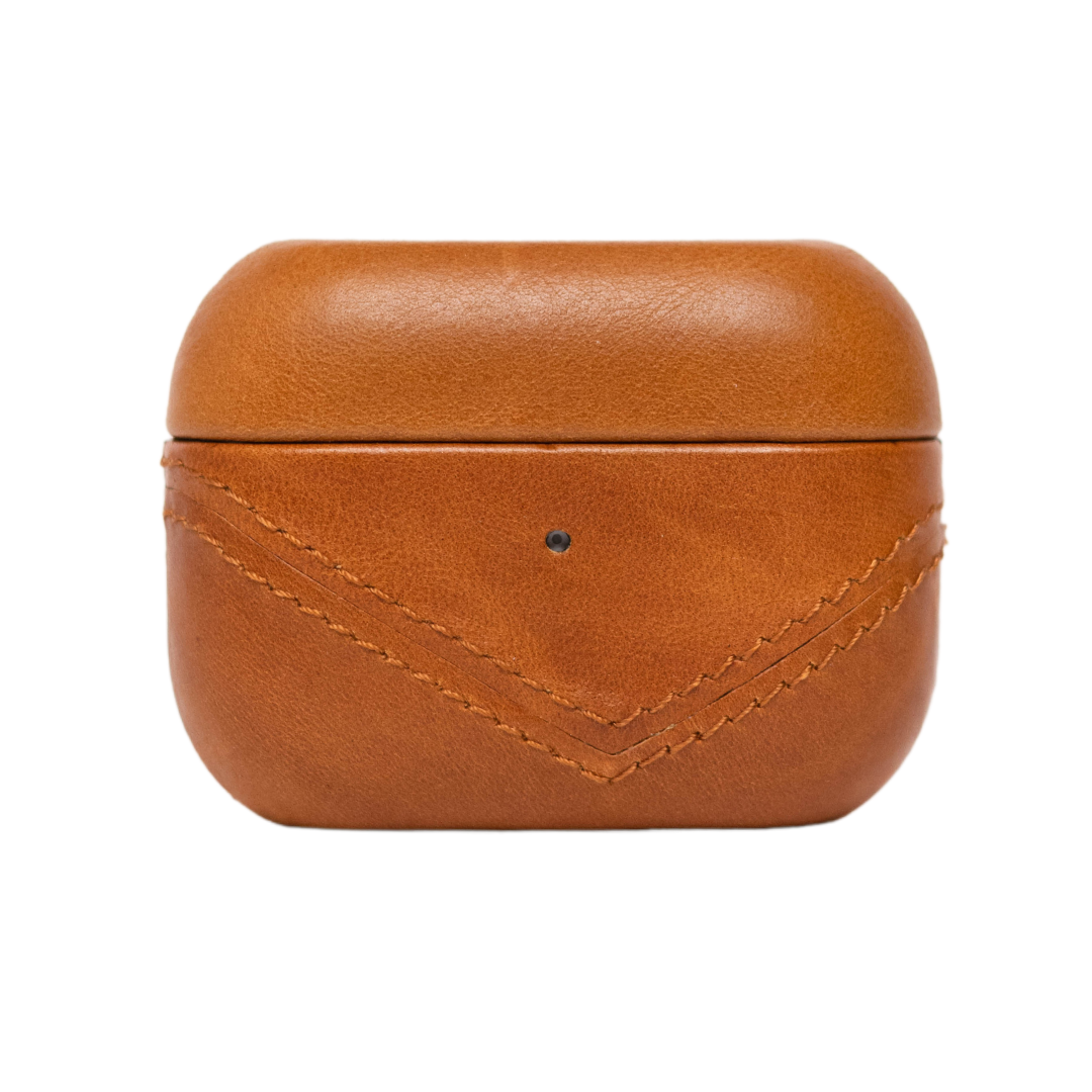 Brown leather AirPods case with stitching detail