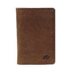 Front view of The Messenger Wallet in Terra brown leather with embossed Bullstrap logo on white background