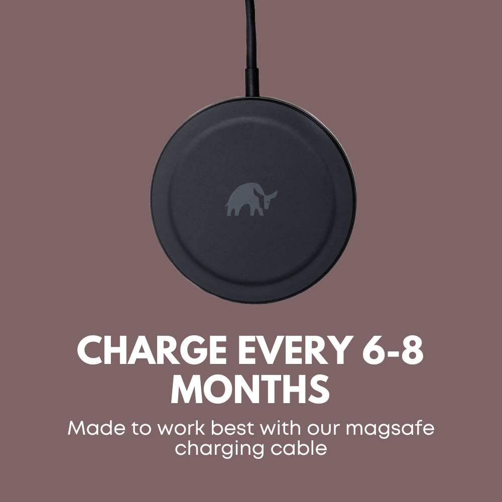 Black MagSafe charger pad with elephant logo; CHARGE EVERY 6-8 MONTHS. Made to work best with our magsafe charging cable