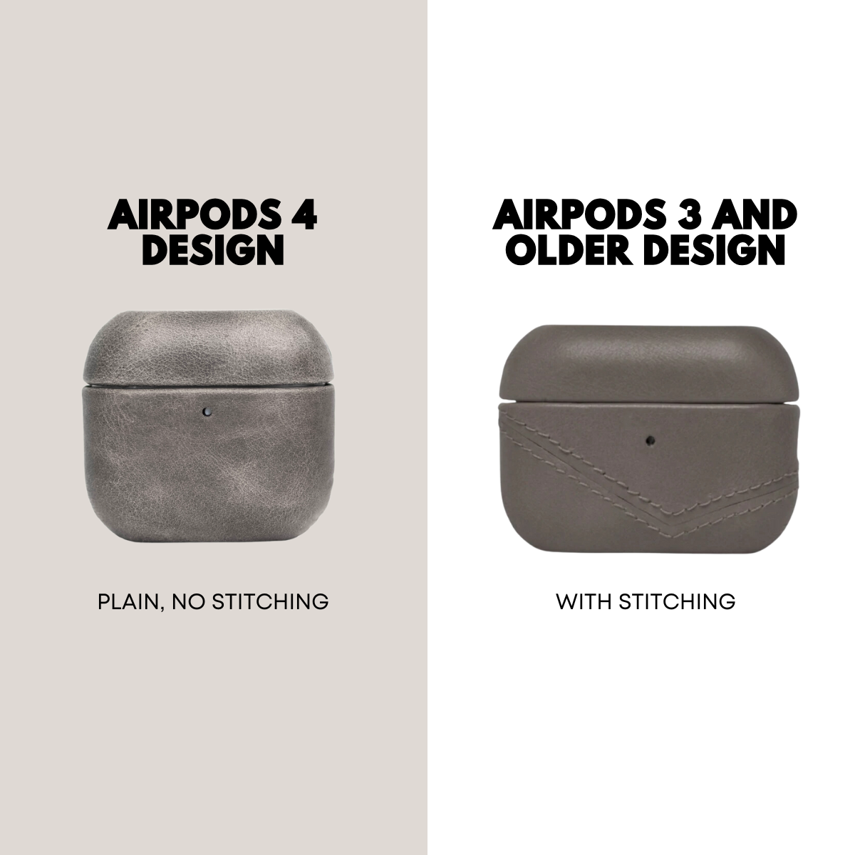 Comparison of AirPods 4 design (plain, no stitching) and AirPods 3 and older design (with stitching)