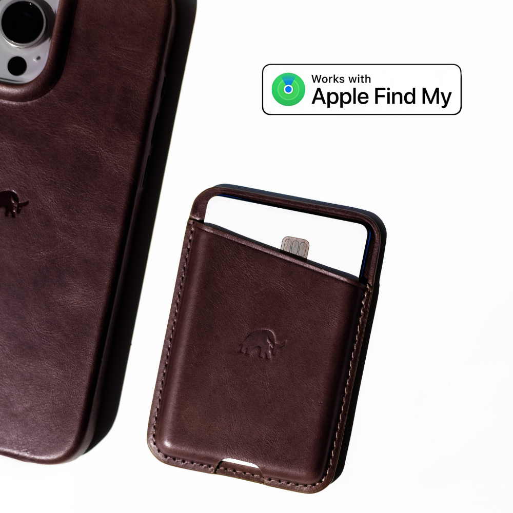 Brown leather MagSafe wallet and matching case; badge reads 'Works with Apple Find My'.