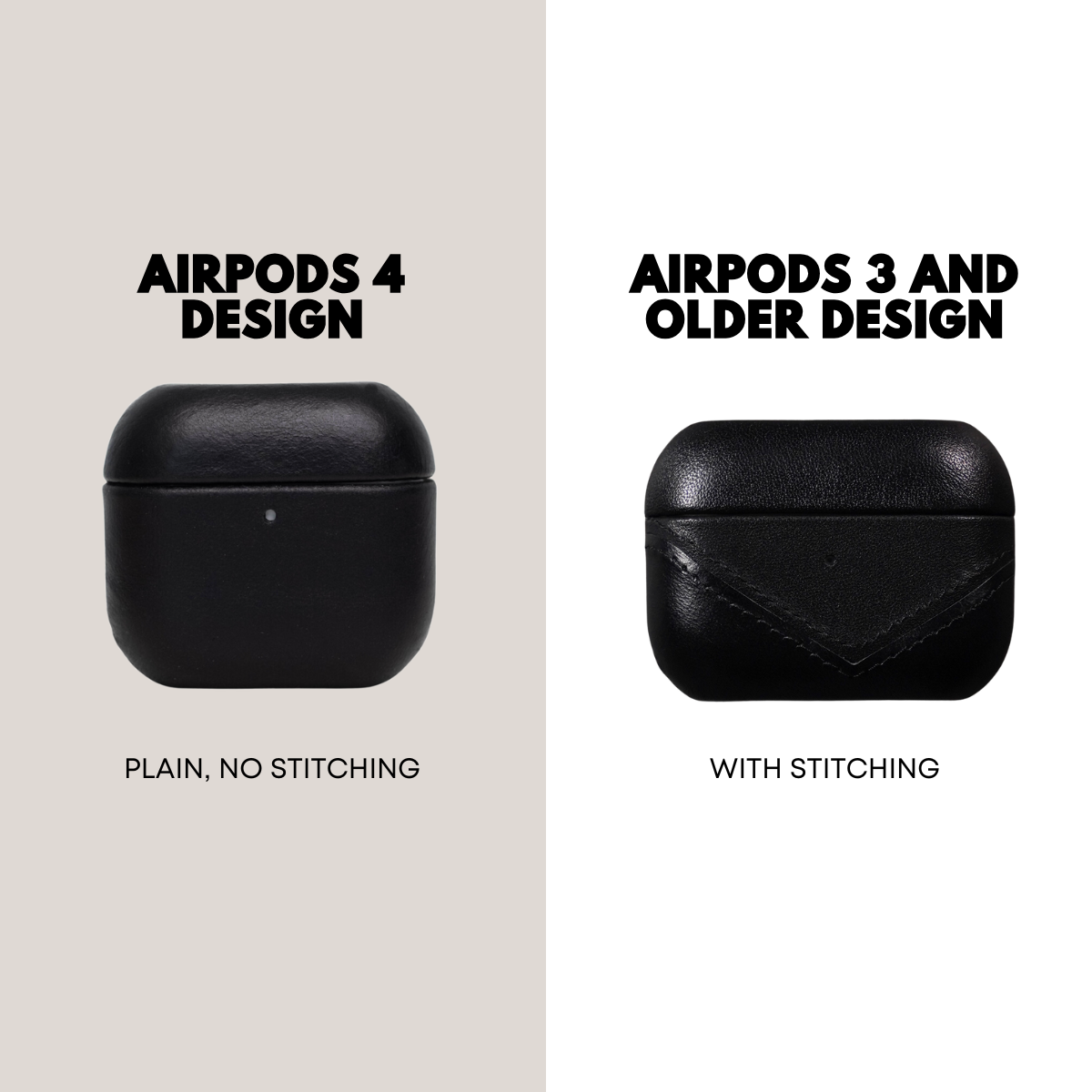Comparison of AirPods 4 design (plain, no stitching) and AirPods 3 and older design (with stitching)
