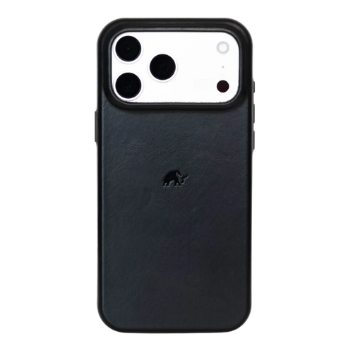 Back view of black Contemporary Plateau Case on iPhone showing raised camera plateau, leather texture and embossed rhino logo