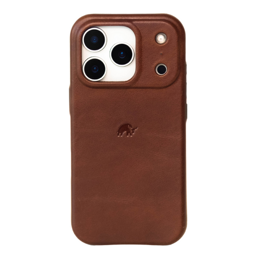 Brown leather phone case with embossed elephant logo and raised camera cutout (Terra)