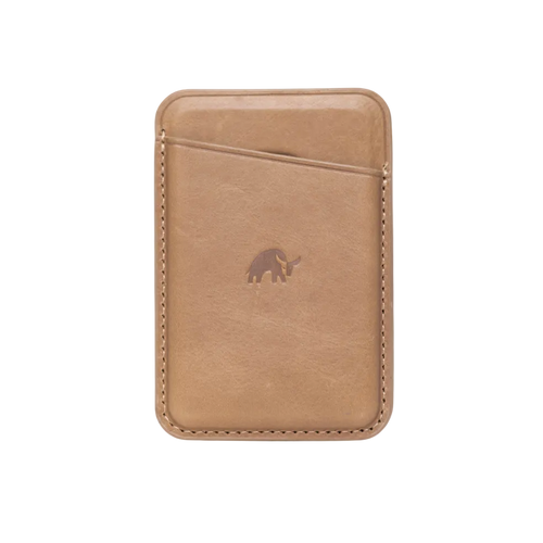 Leather Magnetic Wallet in Dune, featuring a card slot and embossed logo
