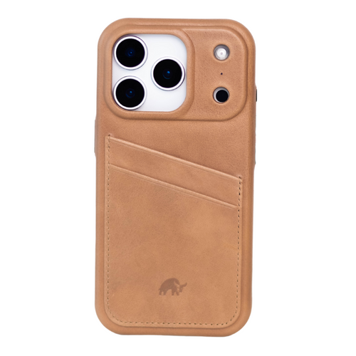Minimalist leather phone wallet case, Dune tan, two diagonal rear card slots and small embossed animal logo.
