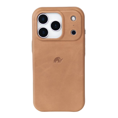 Tan leather iPhone case with raised camera lip and small embossed elephant logo