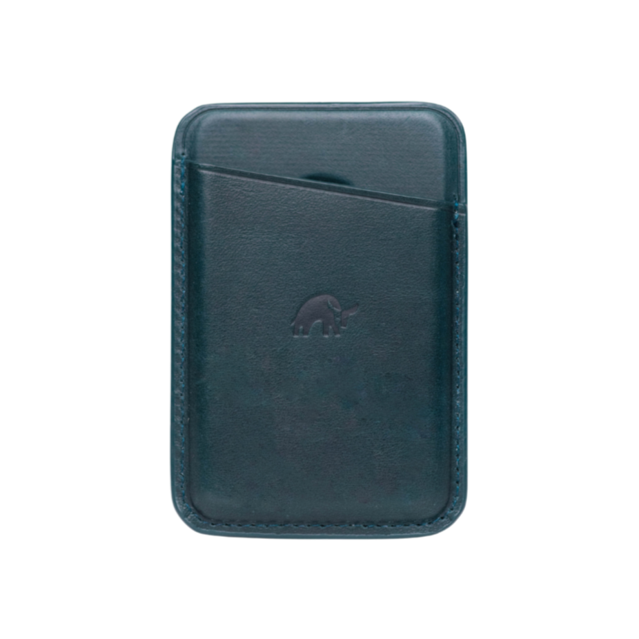 Leather Magnetic Wallet in ocean color with a card slot and embossed logo