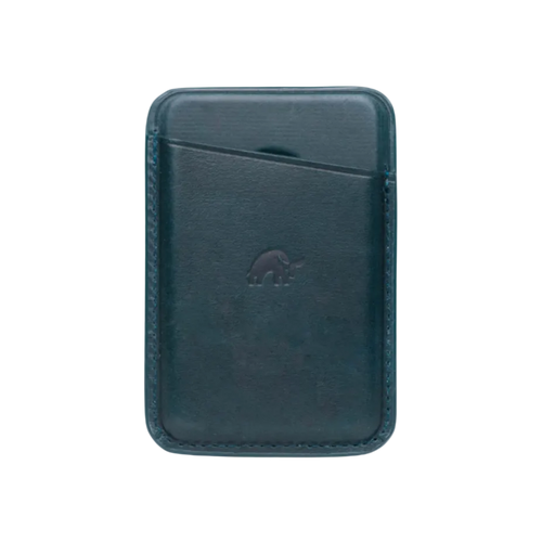 Leather Magnetic Wallet in ocean color with a card slot and embossed logo