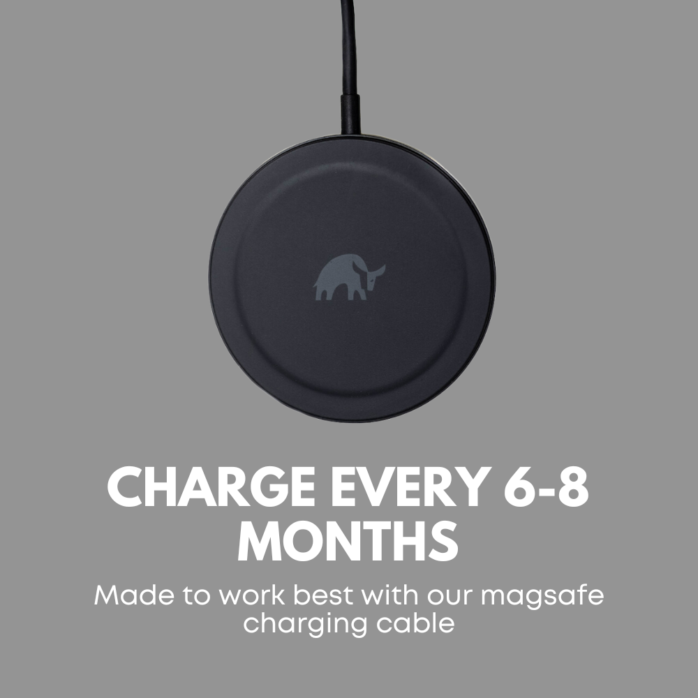 Slate MagSafe charging puck with elephant logo; CHARGE EVERY 6-8 MONTHS — Made to work best with our magsafe charging cable