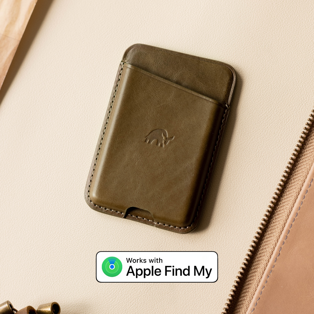 Leather wallet in brown with embossed logo, features Apple Find My tracking.