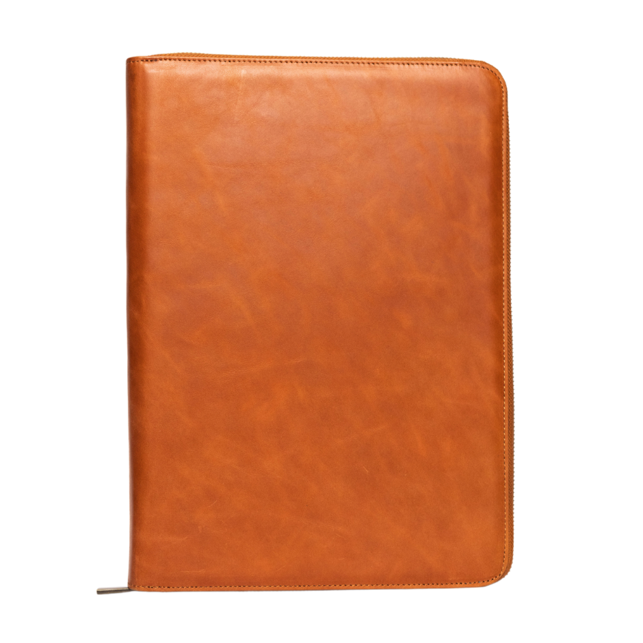Brown leather laptop sleeve with a minimalist design