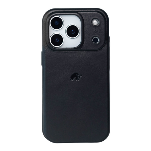Black leather phone case with raised camera surround and Bullstrap logo