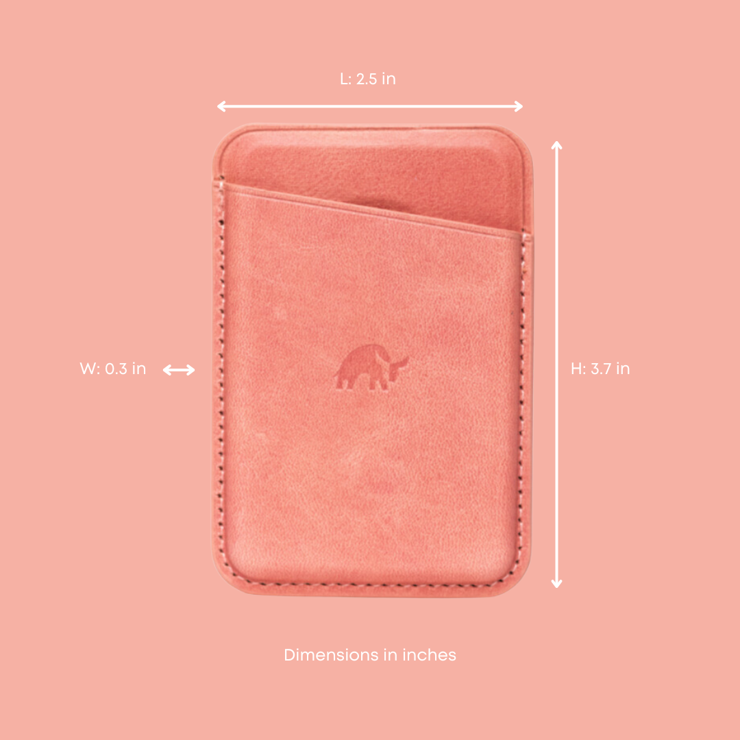 South Beach leather magnetic wallet; L: 2.5 in, W: 0.3 in, H: 3.7 in; Dimensions in inches