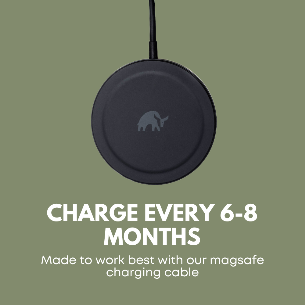 MagSafe charger with a bull logo and text 'CHARGE EVERY 6-8 MONTHS'