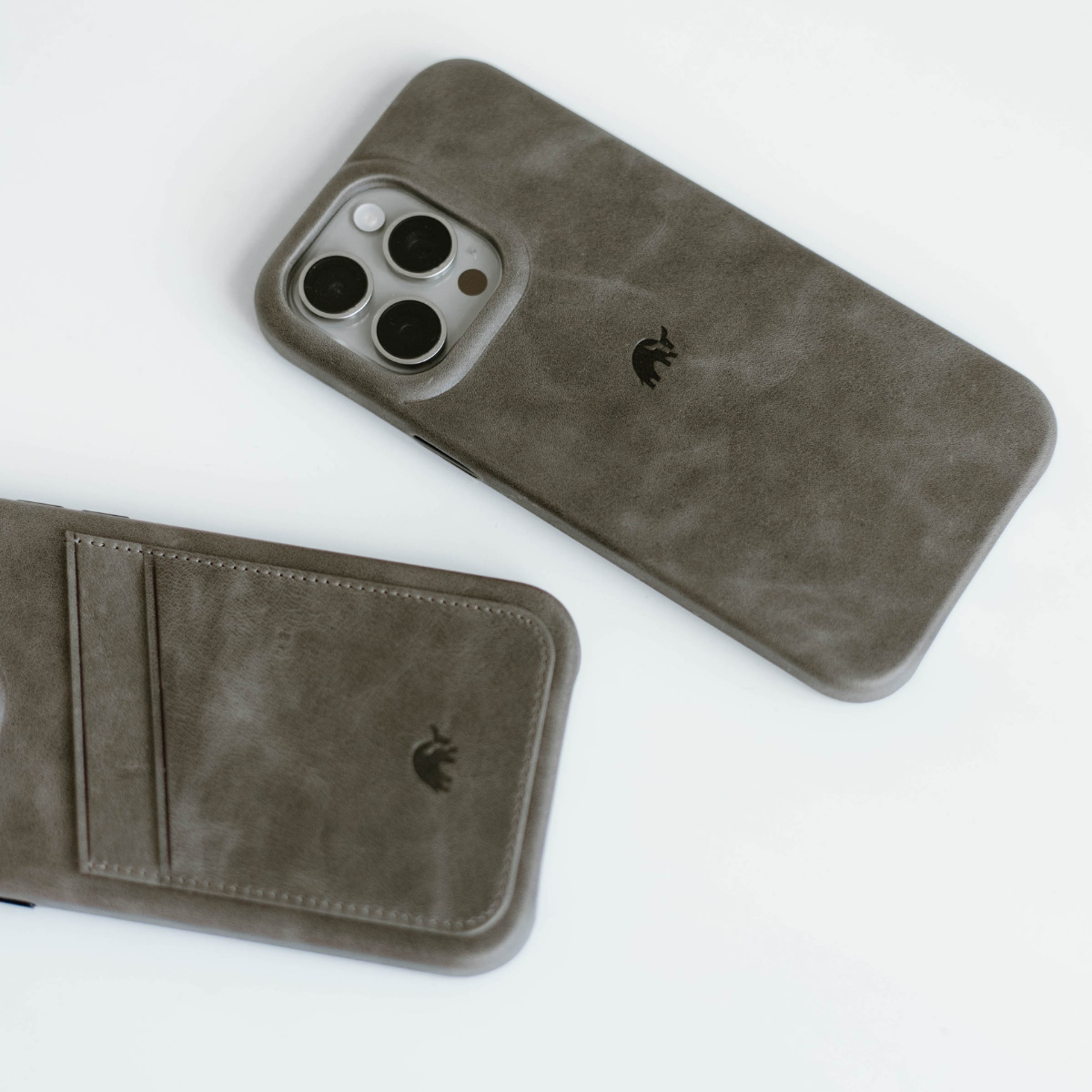 Gray leather phone case with card slot