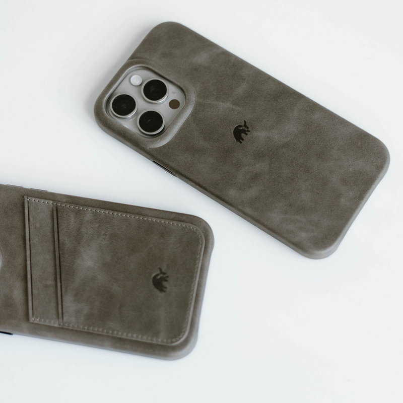 Gray leather phone case with card slot