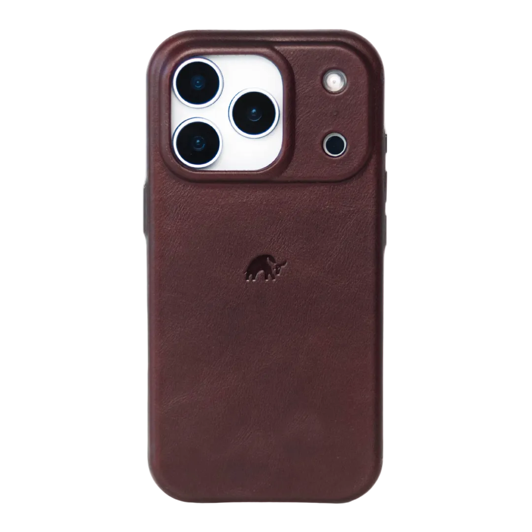 Bourbon brown leather iPhone case with raised camera housing and Bullstrap logo