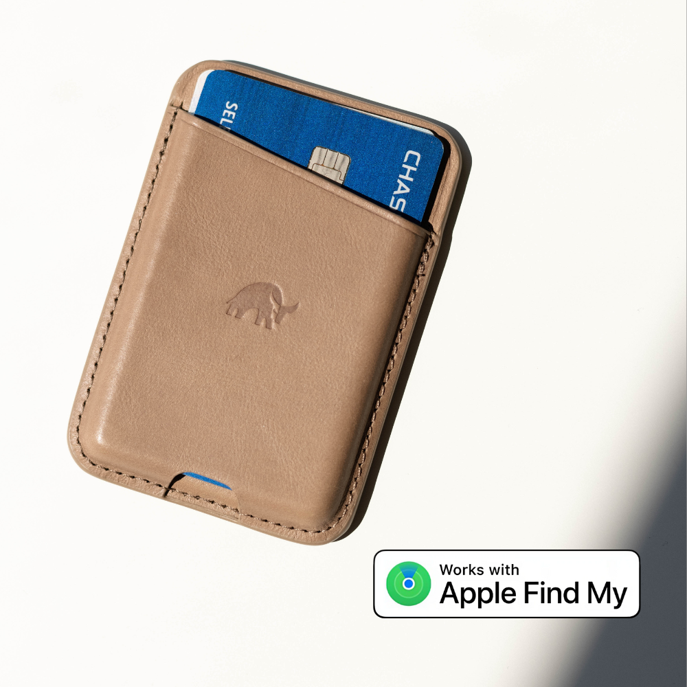 Leather wallet with a card, indicating compatibility with Apple Find My.