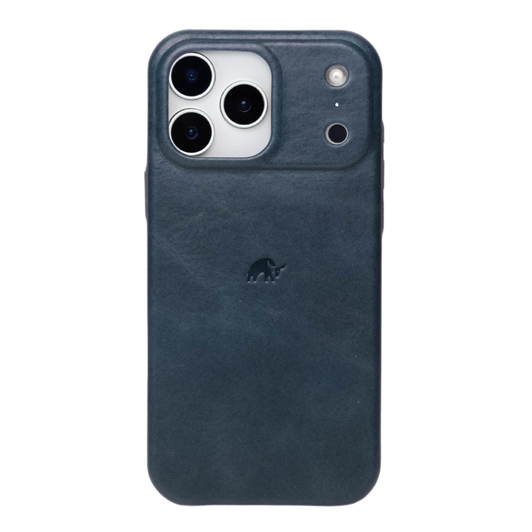 Dark ocean-blue leather iPhone case with raised camera cutout and small Bullstrap logo