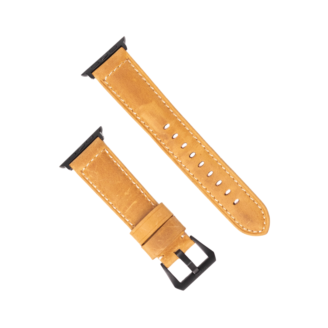 Leather Apple Watch Strap in tan color with black buckle, showing both parts of the strap.