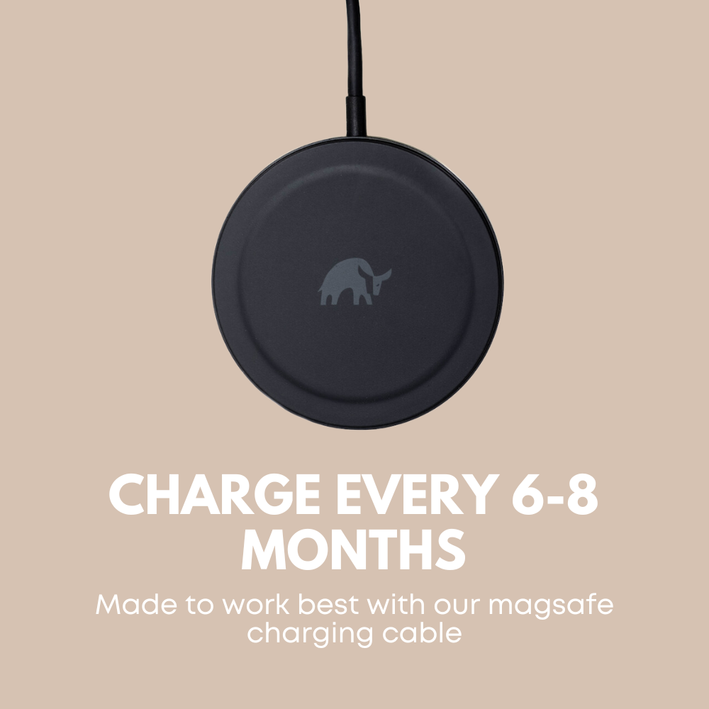MagSafe charging cable with a round design and a bull logo, text reads 'CHARGE EVERY 6-8 MONTHS'