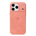 Minimalist leather iPhone case in coral (South Beach) with embossed elephant logo and camera cutout