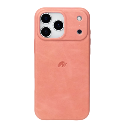 Minimalist leather iPhone case in coral (South Beach) with embossed elephant logo and camera cutout