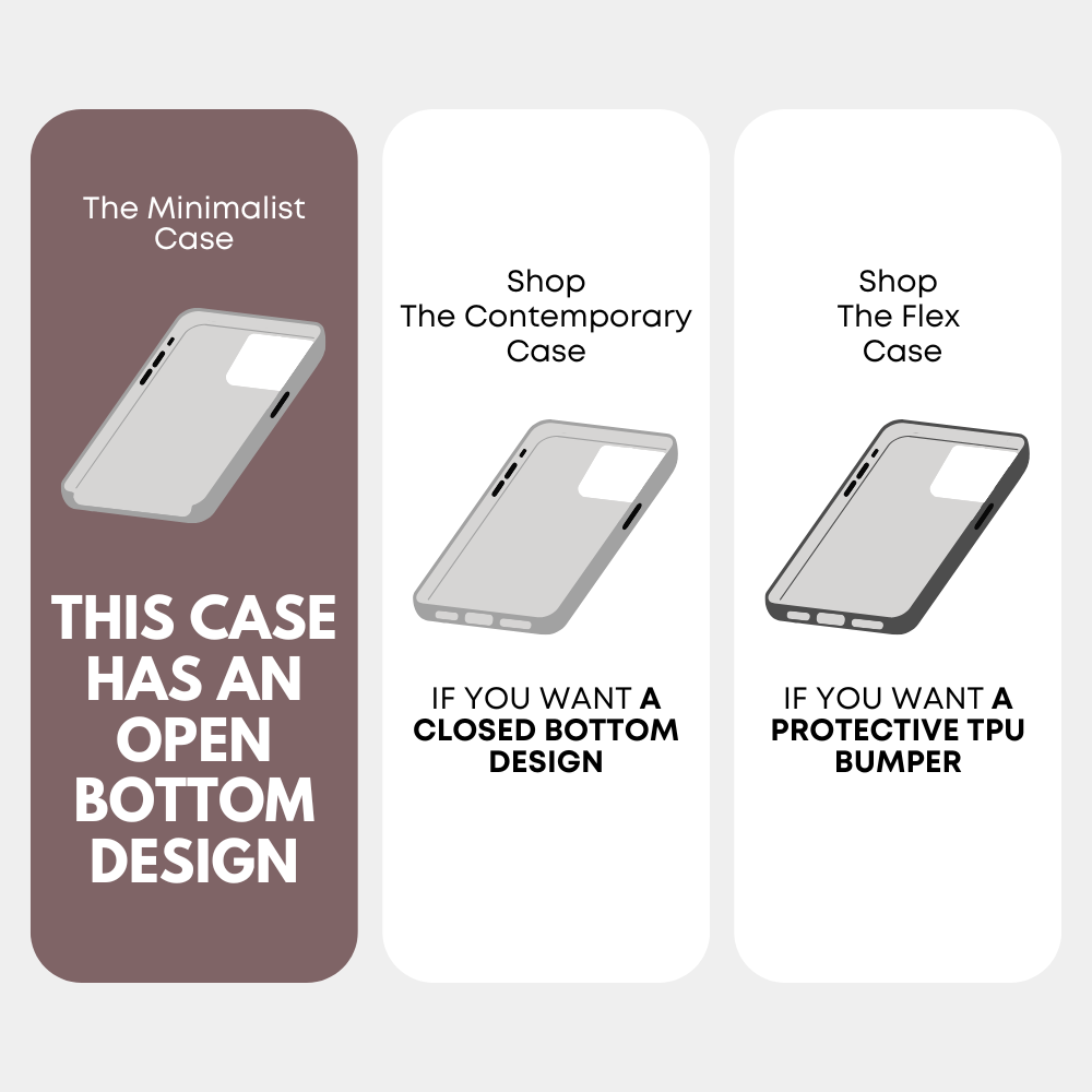 Bourbon-colored Minimalist phone case showing open-bottom frame for charging port access