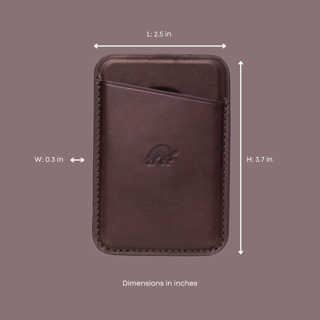 Leather Magnetic Wallet in Bourbon color with dimensions L: 2.5 in, W: 0.3 in, H: 3.7 in.