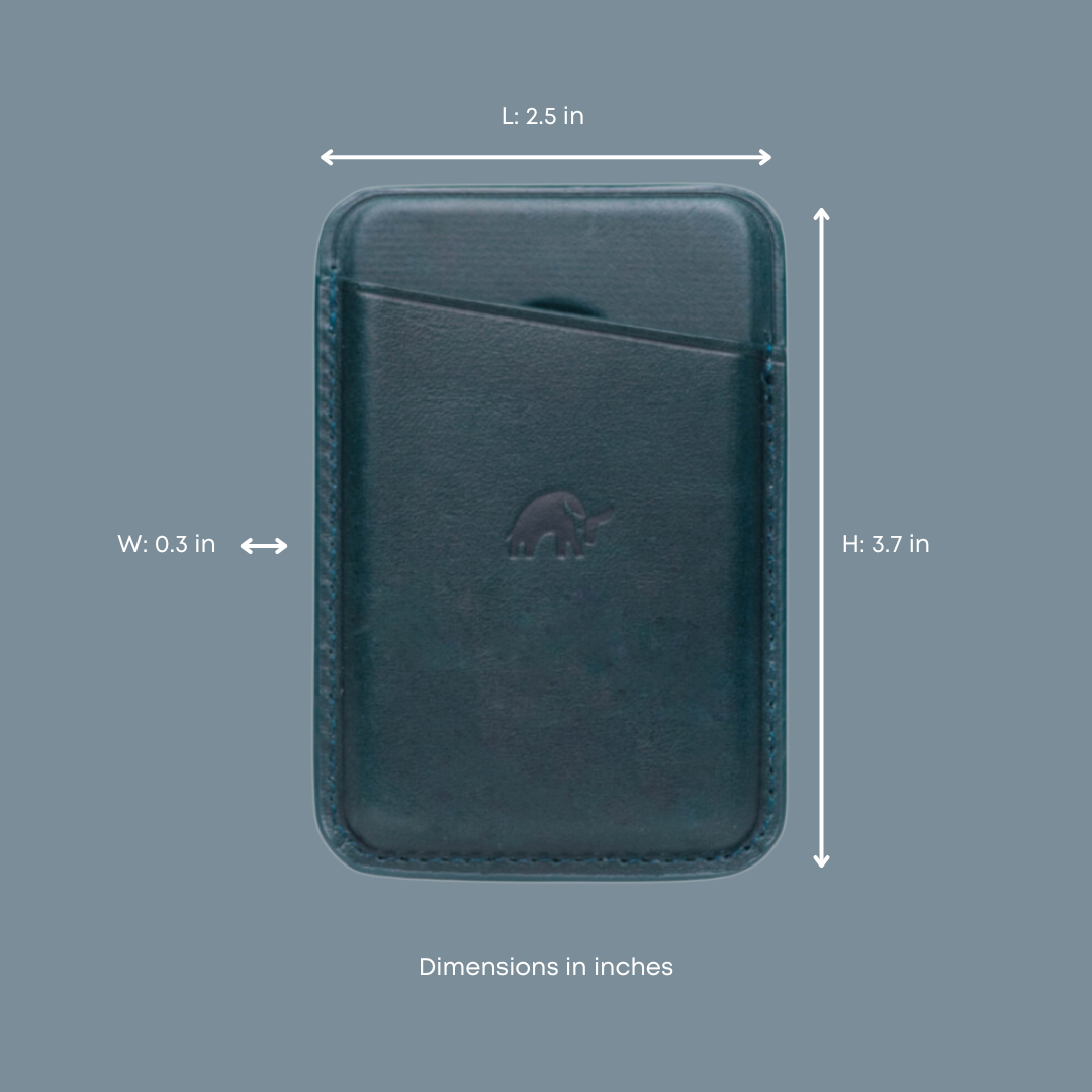 Leather magnetic wallet, OCEAN - L: 2.5 in; W: 0.3 in; H: 3.7 in. Dimensions in inches.