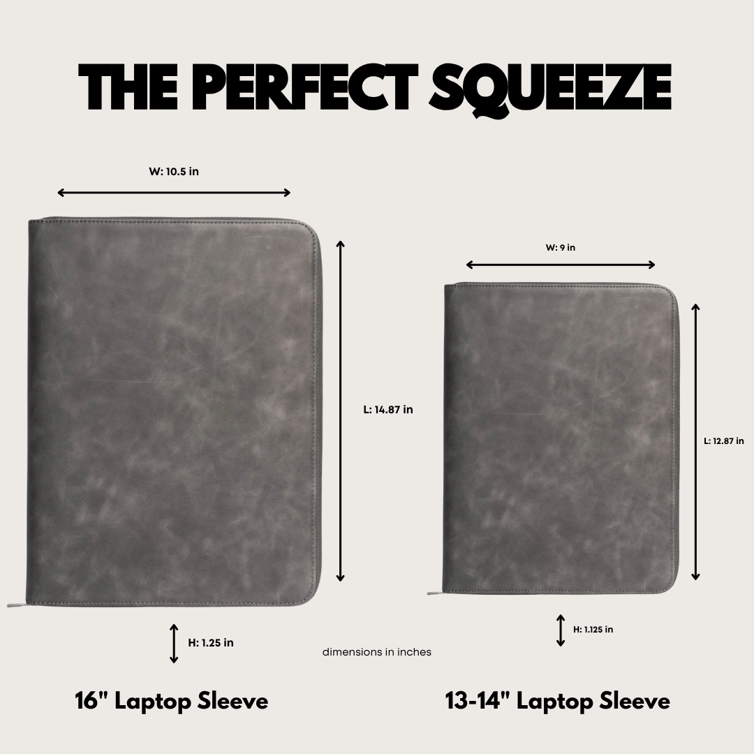 THE PERFECT SQUEEZE: 16" laptop sleeve (W 10.5 in L 14.87 in H 1.25 in) and 13-14" sleeve (W 9 in L 12.87 in H 1.125 in).