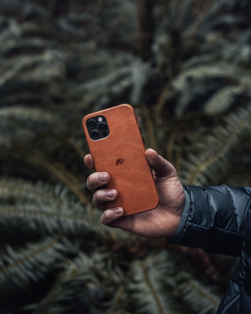 Hand-held rear view of Sienna Classic iPhone case, full-grain leather with embossed elephant logo, blurred fern background