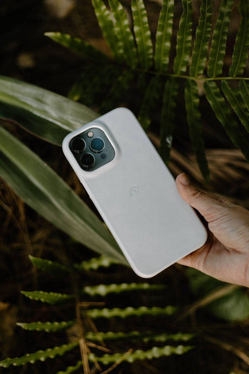 A hand holding a white iPhone case surrounded by green leaves.