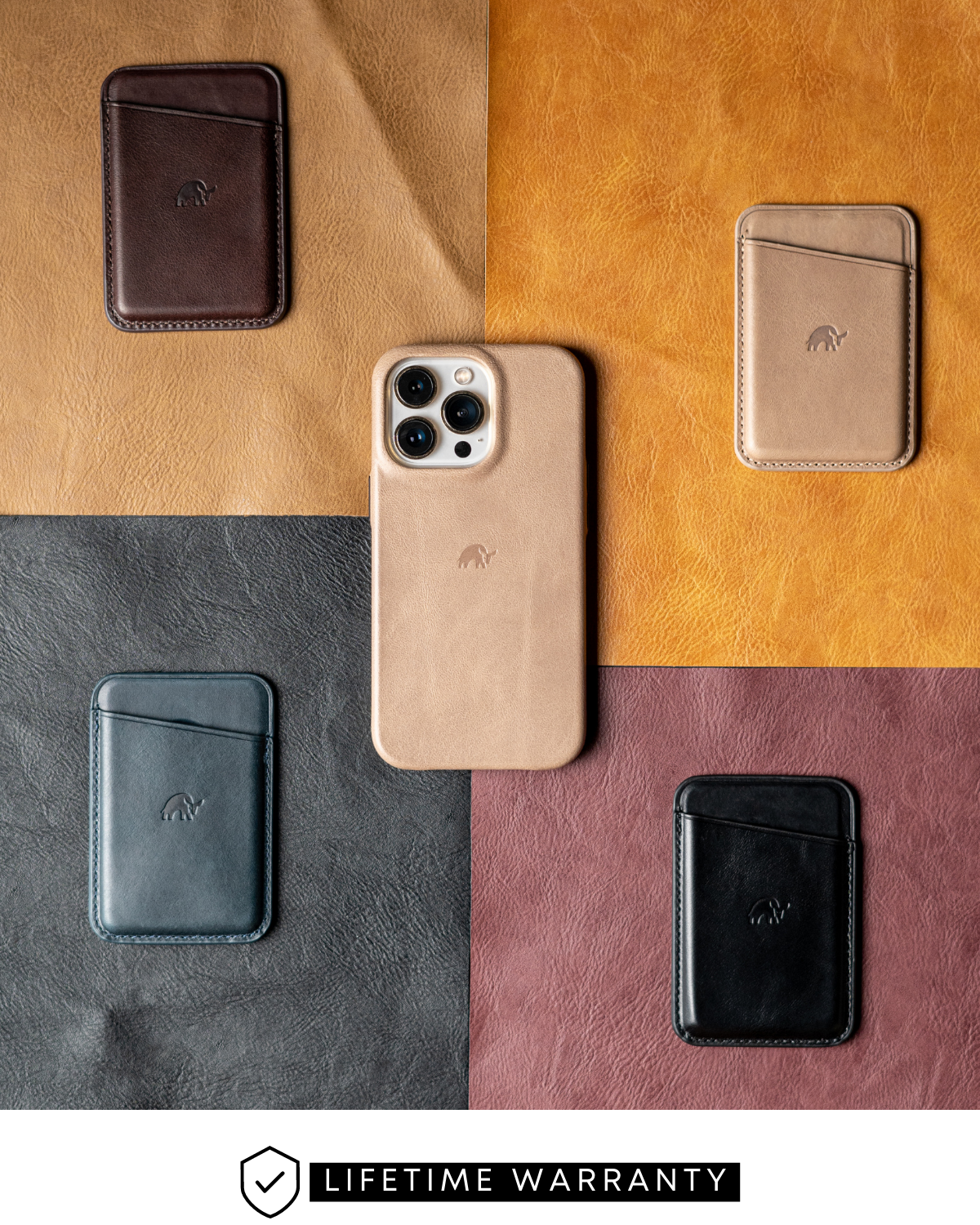Leather iPhone case (center) and four leather card sleeves on colored panels, with label LIFETIME WARRANTY.